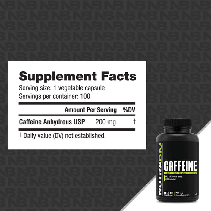 Caffeine Anhydrous (200mg) - 100 Vegetable Capsules